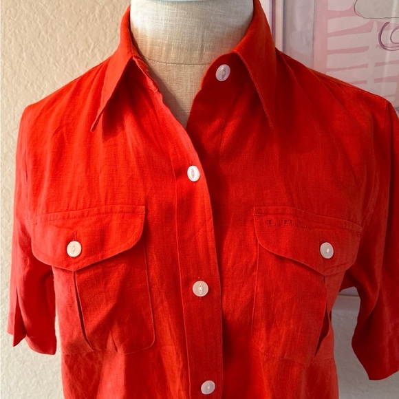 Lauren Ralph Lauren Petite Red Linen Short Sleeve Button Down Shirt - Picture 4 of 12